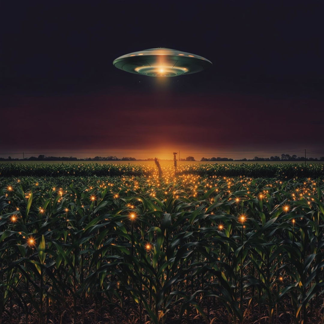 A raw photograph of a UFO hovering over a cornfield at dusk, with a realistic and gritty feel, perfect for a sci-fi documentary poster