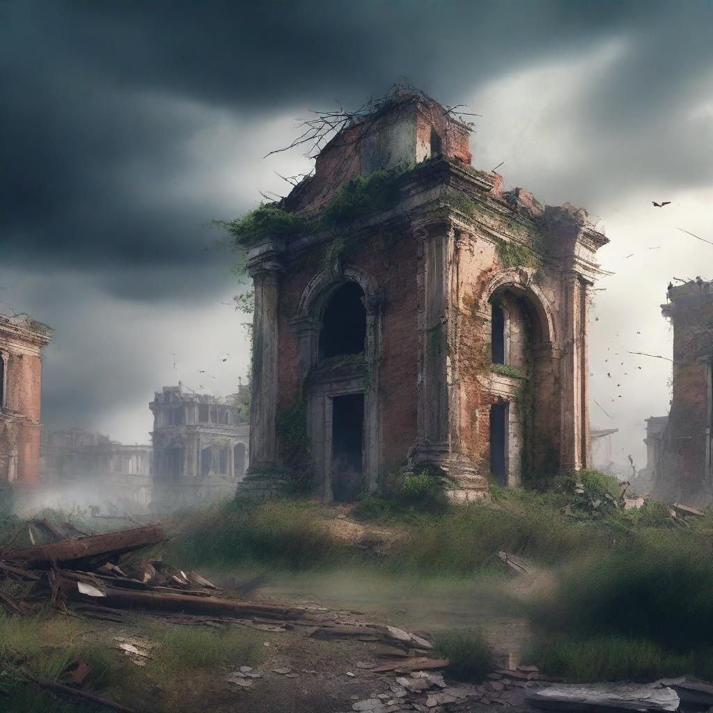 Create a cinematic book cover featuring a distant ruined city