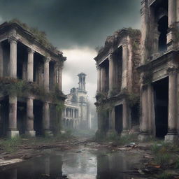 Create a cinematic book cover featuring a distant ruined city