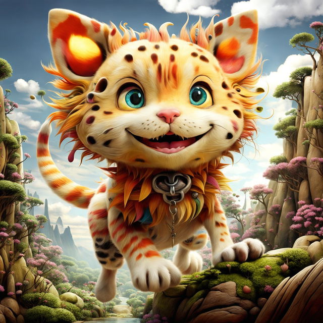 Create a whimsical creature that is a hybrid of a cat and a dog with ginger-colored fur in a vibrant and colorful environment