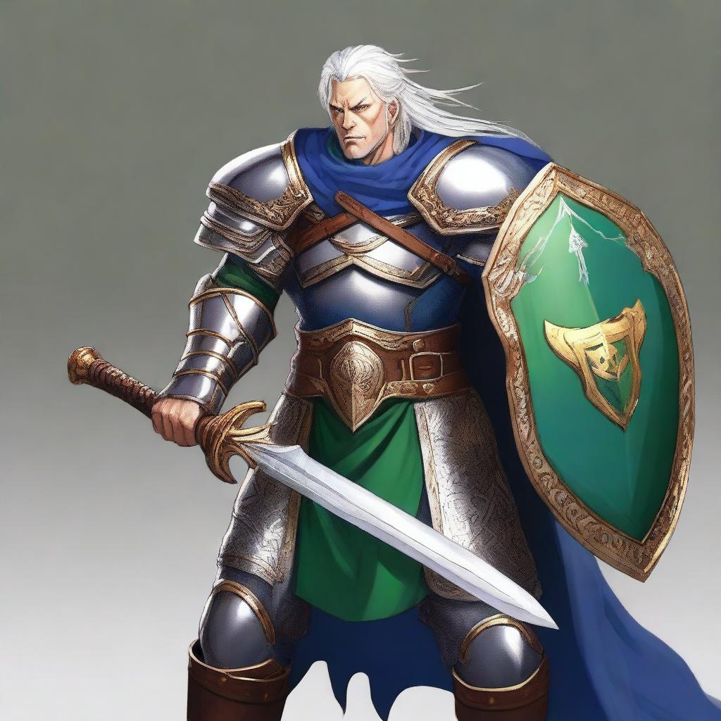 A male warrior with white hair and green eyes, wielding a scimitar in his right hand and holding a shield in his left hand