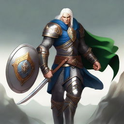 A male warrior with white hair and green eyes, wielding a scimitar in his right hand and holding a shield in his left hand