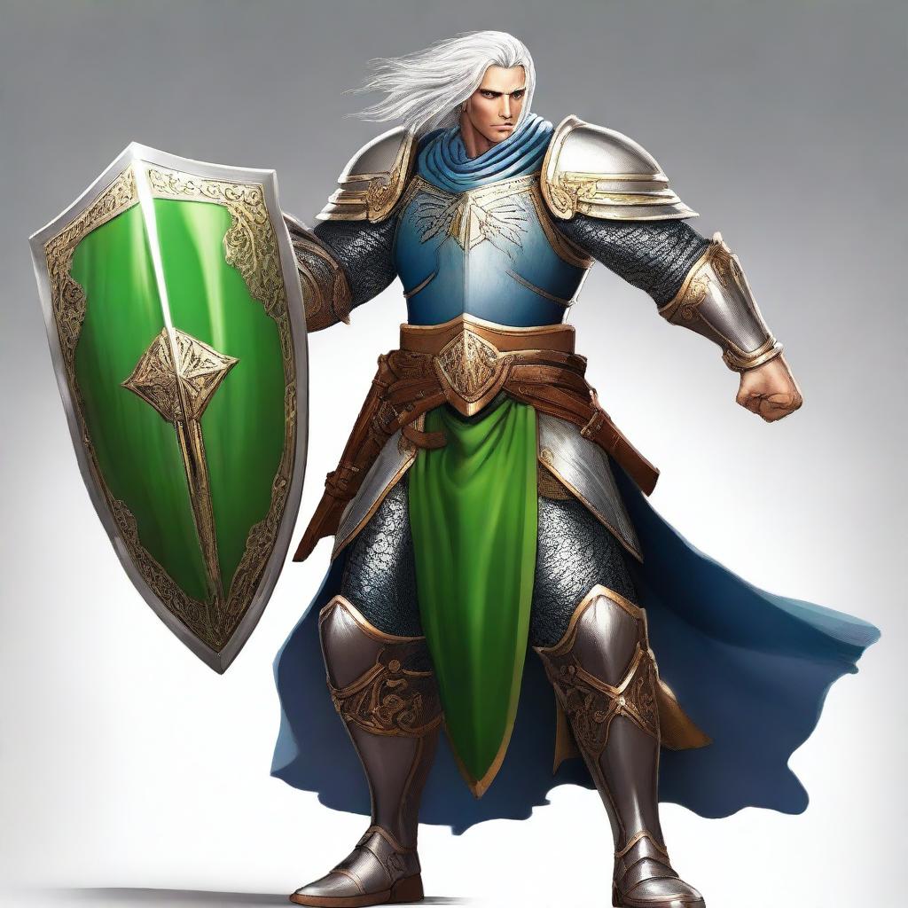 A male warrior with white hair and green eyes, wielding a scimitar in his right hand and holding a shield in his left hand