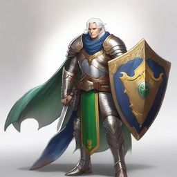 A male Aasimar warrior with white hair and green eyes, wielding a scimitar in his right hand and holding a shield in his left hand