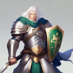 A male Aasimar warrior with white hair and green eyes, wielding a scimitar in his right hand and holding a shield in his left hand