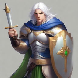 A male Aasimar warrior with white hair and green eyes, wielding a scimitar in his right hand and holding a shield in his left hand