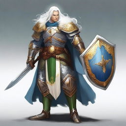 A male Aasimar warrior with white hair and green eyes, wielding a scimitar in his right hand and holding a shield in his left hand