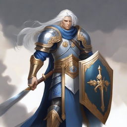 A male Aasimar warrior with medium length white hair, wielding a scimitar in his right hand and holding a shield in his left hand