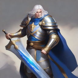 A male Aasimar warrior with medium length white hair, wielding a scimitar in his right hand and holding a shield in his left hand