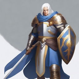 A male Aasimar warrior with medium length white hair, wielding a scimitar in his right hand and holding a shield in his left hand