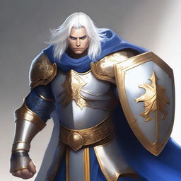 A male Aasimar warrior with medium length white hair, wielding a scimitar in his right hand and holding a shield in his left hand