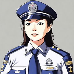 A depiction of a Japanese female police officer with a confident and authoritative demeanor