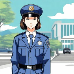 A depiction of a Japanese female police officer with a confident and authoritative demeanor