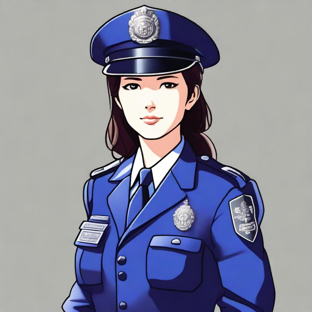 A depiction of a Japanese female police officer with a confident and authoritative demeanor