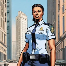 A confident and authoritative woman in a police uniform with an athletic build is standing in a commanding pose, with a serious expression on her face