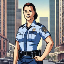 A confident and authoritative woman in a police uniform with an athletic build is standing in a commanding pose, with a serious expression on her face