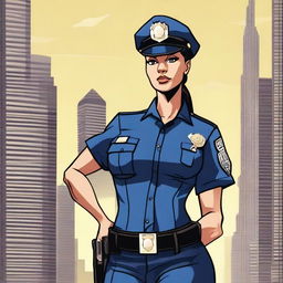 A confident and authoritative woman in a police uniform with an athletic build is standing in a commanding pose, with a serious expression on her face