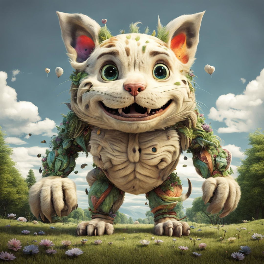 A whimsical image of a creature with the head of a cat and the body of a dog, set in a playful outdoor environment.