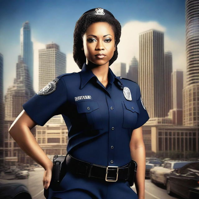 Create a realistic image of a confident and authoritative woman in a police uniform with an athletic build