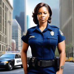 Create a realistic image of a confident and authoritative woman in a police uniform with an athletic build