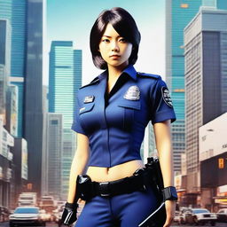 Create a realistic image of a Japanese lady police officer with an athletic build and large breasts