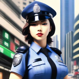 Create a realistic image of a Japanese lady police officer with an athletic build and large breasts