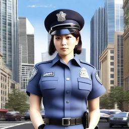 Create a realistic image of a Japanese lady police officer with an athletic build and large breasts