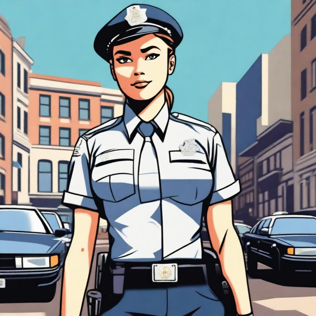 A woman in a police uniform stands confidently, her posture exuding authority and professionalism