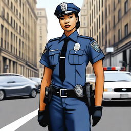 A woman in a police uniform stands confidently, her posture exuding authority and professionalism