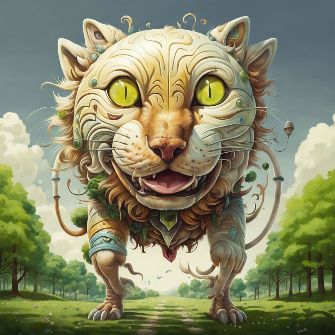 A whimsical image of a creature with one body and two heads, one of a cat and one of a dog, set in a playful outdoor environment