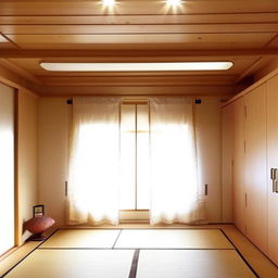 Comfortable Japandi-style bedroom, 5 meters by 4 meters, illuminated by hanging lights. Features include a king-size bed, Lenin curtains, HDF flooring, a flat false ceiling, magnetic tracks, and an open dressing room, all in an off-white color scheme.