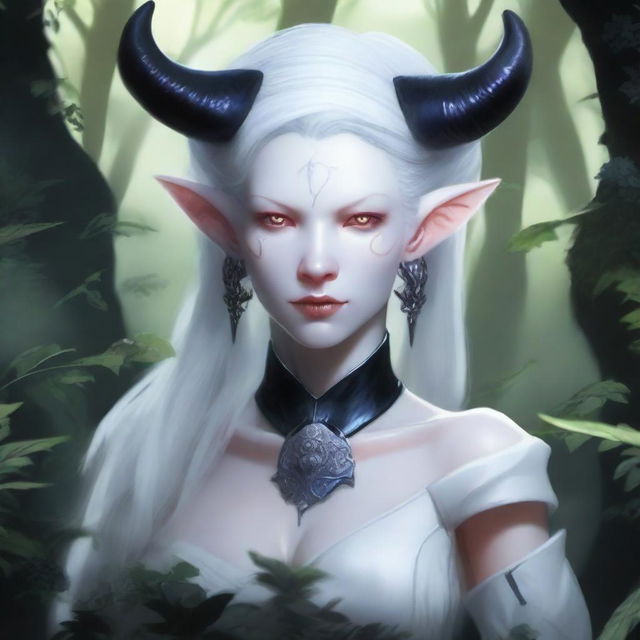 A female albino Dungeons & Dragons tiefling character with black hair and black pupils