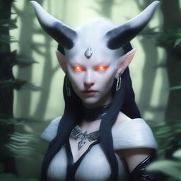 A female albino Dungeons & Dragons tiefling character with black hair and black pupils