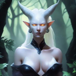 A female albino Dungeons & Dragons tiefling character with black hair and black pupils