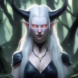 A female albino Dungeons & Dragons tiefling character with black hair and black pupils