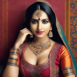 A captivating Indian woman in traditional attire, posing seductively