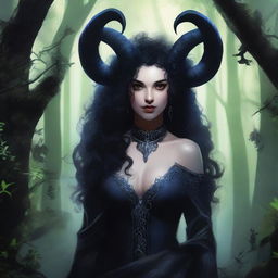 A female tiefling character with pale white skin, black curly hair, black pupils, and black ram horns