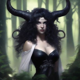 A female tiefling character with pale white skin, black curly hair, black pupils, and black ram horns