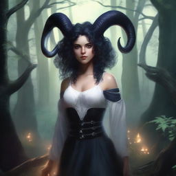 A female tiefling character with pale white skin, black curly hair, black pupils, and black ram horns