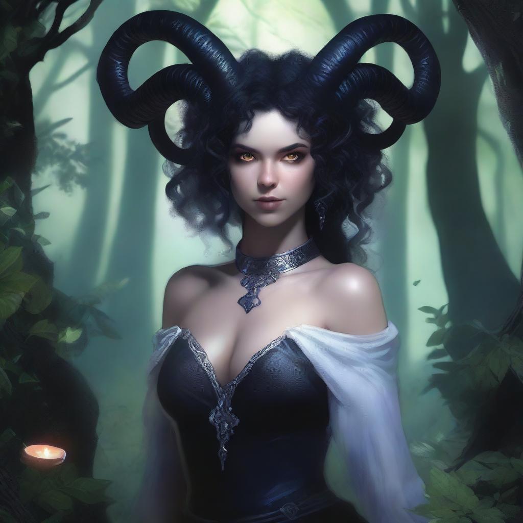 A female tiefling character with pale white skin, black curly hair, black pupils, and black ram horns