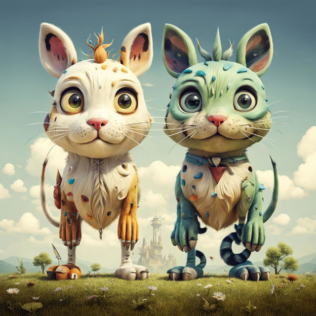 A whimsical image of a creature with one body and two heads, one of a cat and one of a dog, set in a playful outdoor environment