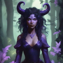 A female tiefling character with lavender skin, black curly hair, small ram horns, and pitch black eyes