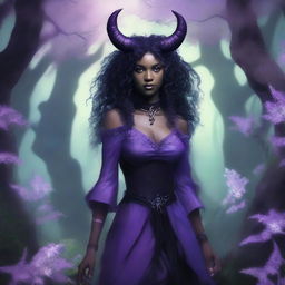 A female tiefling character with lavender skin, black curly hair, small ram horns, and pitch black eyes