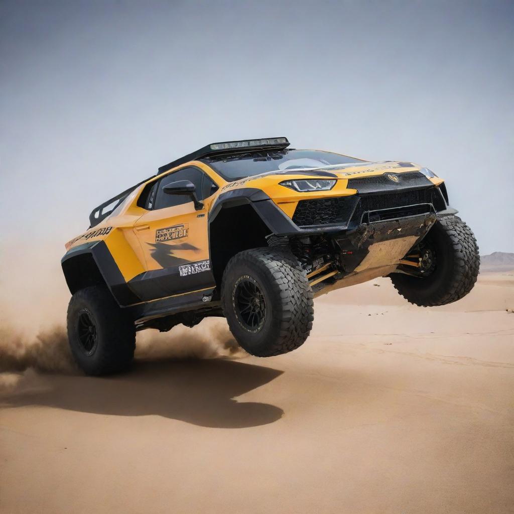 Lamborghini cars transformed into Dakar Rally vehicles, rugged and built for endurance, equipped with large tires, enhanced suspension and reinforced bodywork for the toughest terrains.