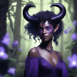 A female tiefling character with lavender skin, black curly hair, small ram horns, and pitch black eyes