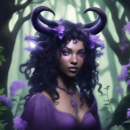 A female tiefling character with lavender skin, black curly hair, small ram horns, and pitch black eyes