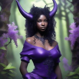 A female tiefling character with lavender skin, black curly hair, small ram horns, and pitch black eyes