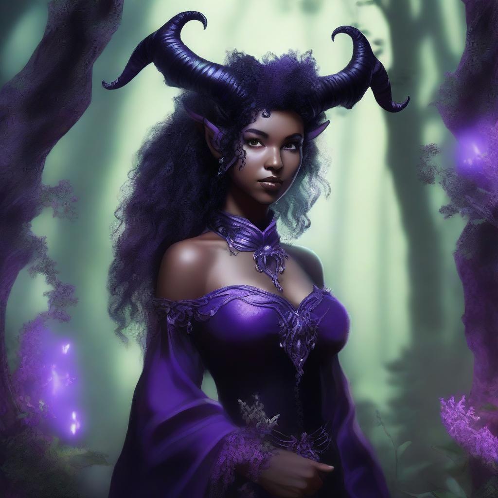 A female tiefling character with lavender skin, black curly hair, small ram horns, and pitch black eyes