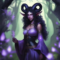 A female tiefling character with lavender skin, black curly hair, small ram horns, and pitch black eyes