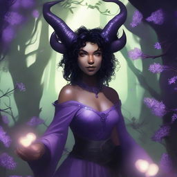 A female tiefling character with lavender skin, black curly hair, small ram horns, and pitch black eyes